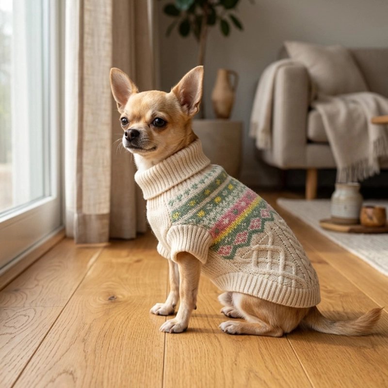 Pull pour Chien chiwawa assis devant une fenêtre avec son pull beige 