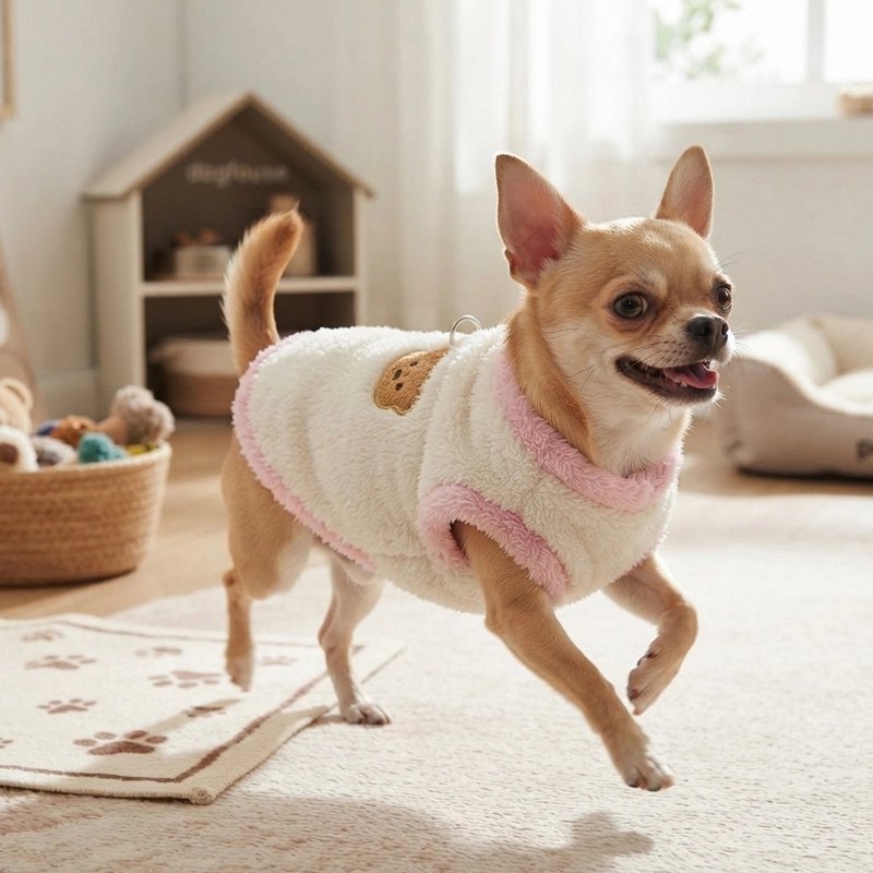 Pull pour Chien chiwawa blond courant dans le salon avec son pull blanc et rose