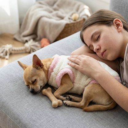 Pull pour Chien chiwawa endormi portant son pull blanc et rose avec une jeune fille
