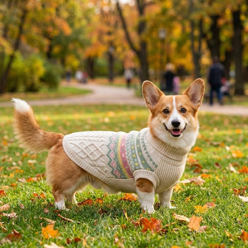 Pull pour Chien gorky dans un parc avec son pull beige