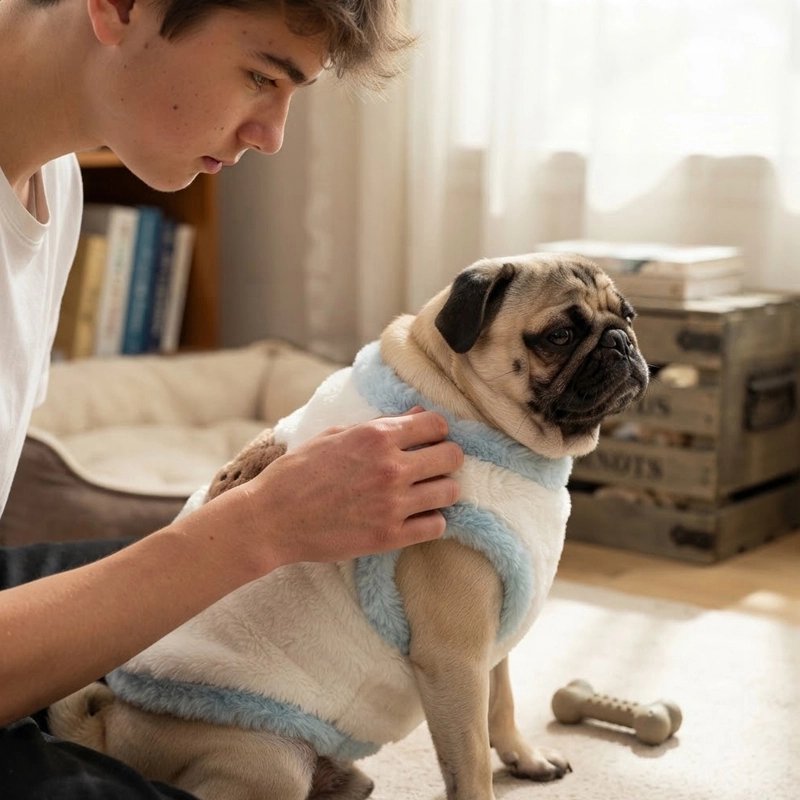 Pull pour Chien homme entrain de placer le pull blanc et bleu de son pog