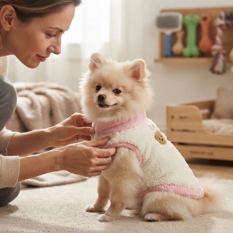Pull pour Chien petit poménarien avec son pull blanc et rose se fesant caresser par sa maitresse