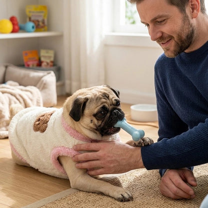 Pull pour Chien pog étendue pres de son maitre avec son pull blanc et rose