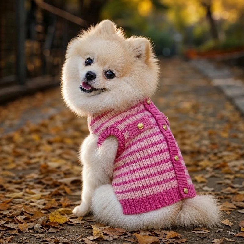 Pull pour Chien poméranien assis dans un parc avec son pull rose