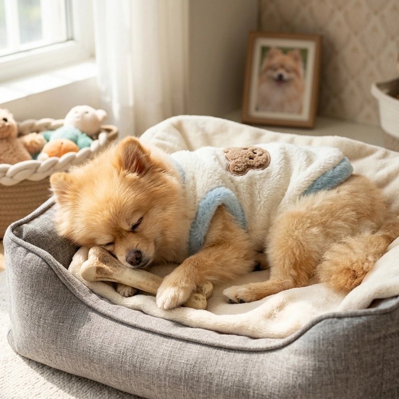 Pull pour Chien poméranien endormie dans son panier avec son pull blanc et bleu