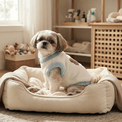 Pull pour Chien shih tzu assis dans son panier avec son pull blanc et bleu