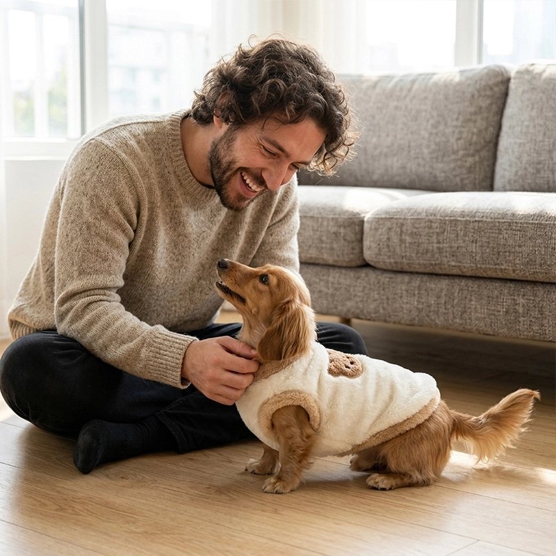 Pull pour Chien teckel avec son pull et son  maitre dans  salon  