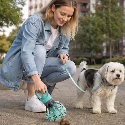 Ramasse crotte chien​ femme entrain de ramasser les crottes de son shih tzu durant la promenade