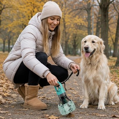 Ramasse crotte chien​ femme entrain de ramasser les crottes de son golden retriver dans un psrc