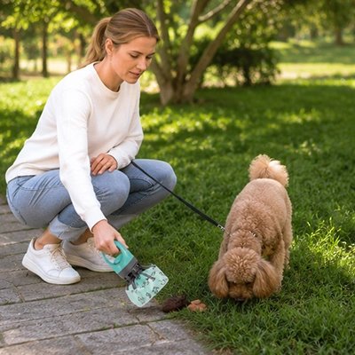 Ramasse crotte chien​ femme entrain de ramasser les crottes de son Caniche roux durant la promenade