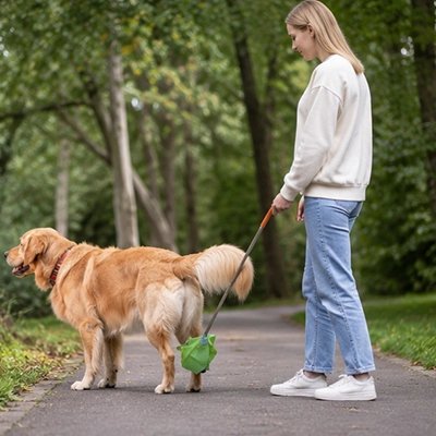 Ramasse crotte chien​ femme suivant sont pour recueillir ses excrément direct dans le sac