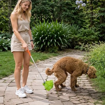 Ramasse crotte chien​ femme suivant sont pour recueillir ses excrément direct dans le sac