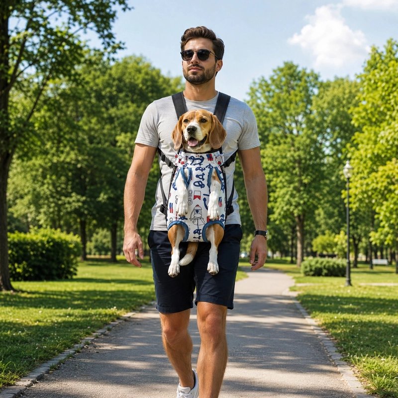 Sac a dos chien beagle en promenade dans son sac a dos avec son maitre au parc 