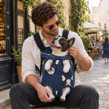 Sac a dos chien boston terrier dans son sac a dos avec son maitre assis sur un terrasse
