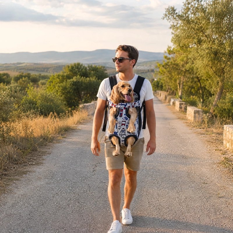Sac a dos chien épagneul dans son sac a dos en promenade dans les pré avec son maitre
