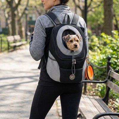 Sac a dos chien femme en camping fait boire son chien a meme le sac a dos