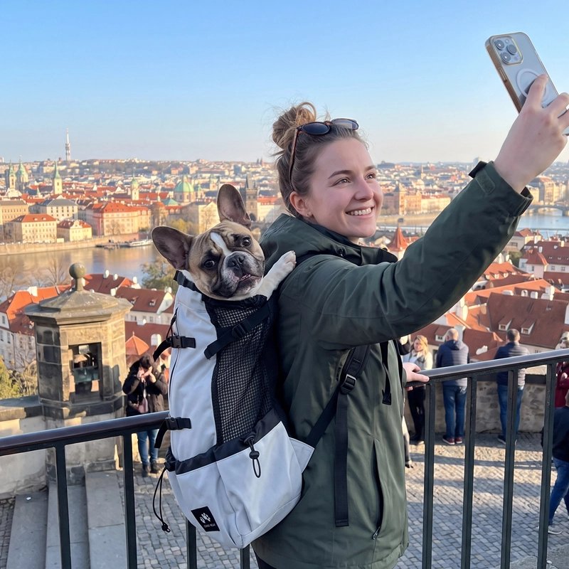 Sac a dos chien femme prenant une photo d'elle et son chien dans le sac a dos sur une terrasse 