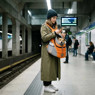 Sac a dos chien femme transportant son chien dans le metro avec son sac a dos