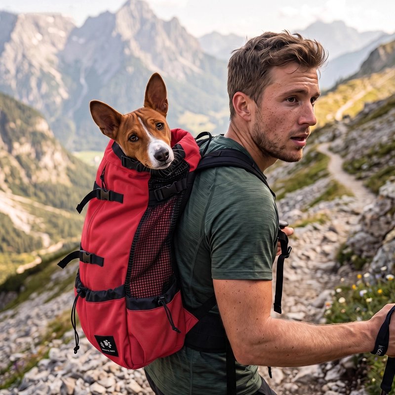 Sac a dos chien homme en montagne avec son gorky dans un sac a dos 