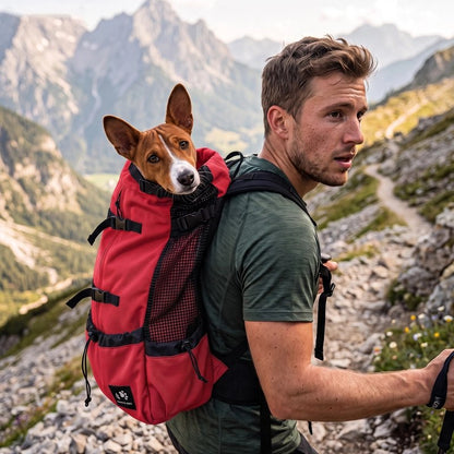 Sac a dos chien homme en montagne avec son gorky dans un sac a dos 