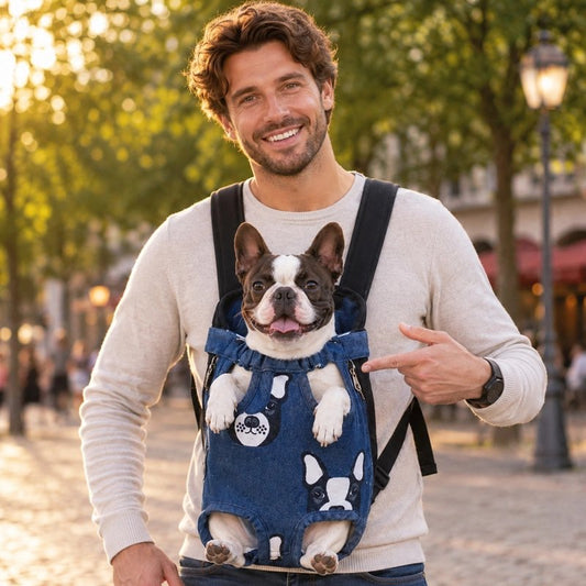 Sac a dos chien homme promenant son bull dog avec le sac a dos dans un parc