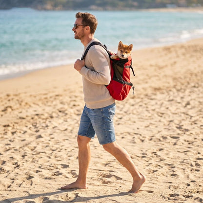 Sac a dos chien homme sur la plage avec son gorky dans son sac a dos