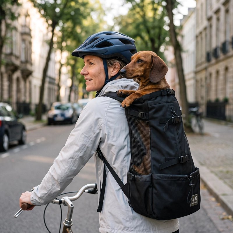 Sac a dos chien homme transportant son teckel dans le sac a dos en balade en bicyclette