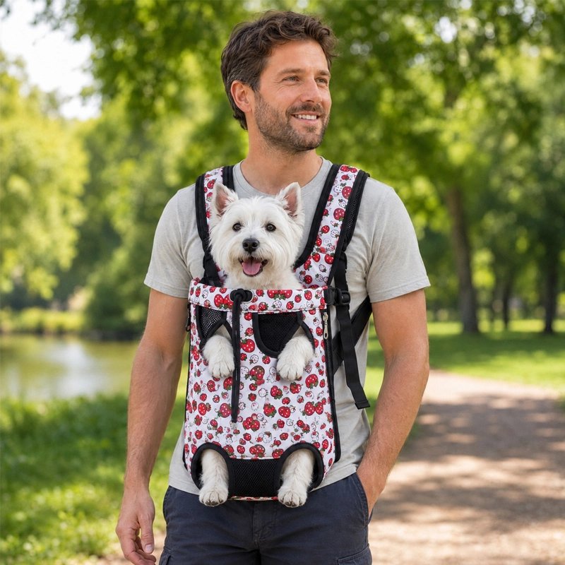 Sac a dos chien terrier blanc dans son sac a dos en promenade avec son maitre dans un parc 