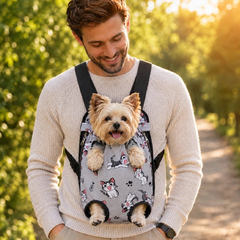 Sac a dos chien yorkshire dans son sac a dos lors d'une balade au parc avec son maitre