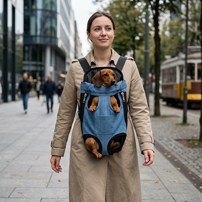 Sac de transport Chien femme se promenant avec son petit teckel dans son sac de transport