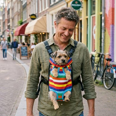Sac de transport Chien homme en balade avec son chiot au centre ville