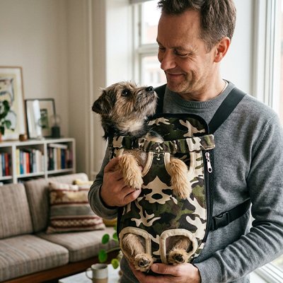 Sac de transport Chien homme met son chien dans le porte chien pour la balade