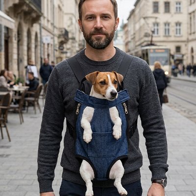 Sac de transport Chien homme protant son terrier en promenade dans son sac de transport