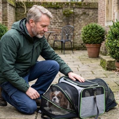 Sac de transport pour Chien cocker coucher confortablement dans son sac de transport sur une terrasse