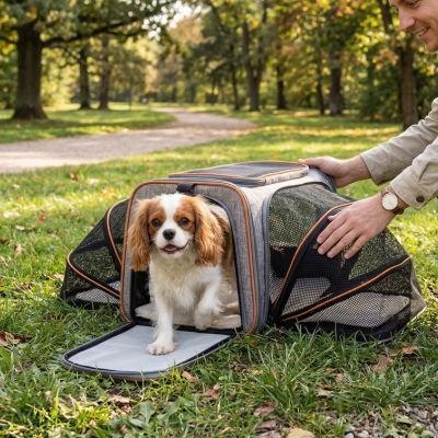Sac de transport pour Chien cocker sortant de son sac de transport dans un parc