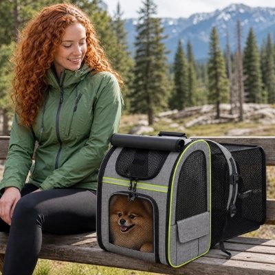 Sac de transport pour Chien femme aasis dans uns parc avec son chien dans le sac de transport
