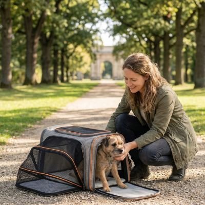 Sac de transport pour Chien femme caressant son chien assis dans son sac de transport