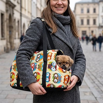 Sac de transport pour Chien femme en promenade avec son chiot sur la rue avec le sac de transport