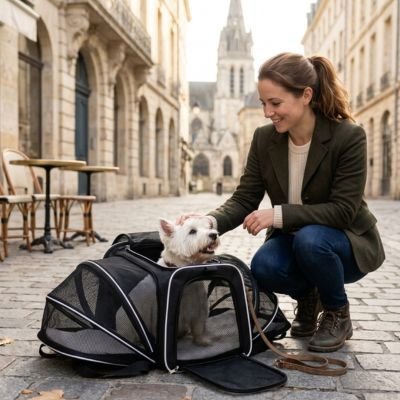 Sac de transport pour Chien femme en ville avec son chien dans le sac de transport déplier sur une place publique 