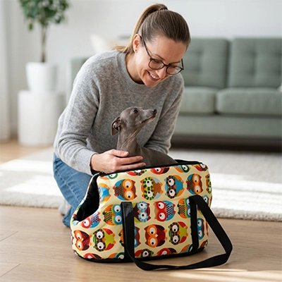 Sac de transport pour Chien femme entrain de mettre son chiot livrier dans le sac de transport