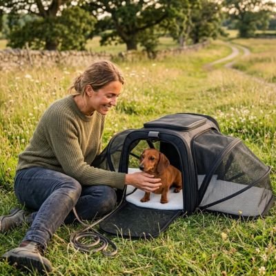 Sac de transport pour Chien femme etendue dans prairie avec son chien dans le sac de transport 