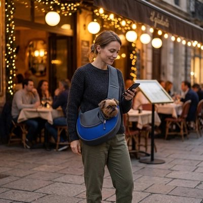 Sac de transport pour Chien femme regardant son cellulaire portant son chiot en bandouillère au centre ville le soir