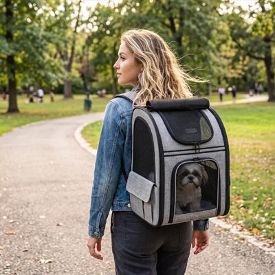 Sac de transport pour Chien femme transportant son shitsu dans son sac de rranport comme un sac a dos