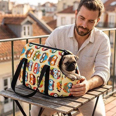 Sac de transport pour Chien homme avec son chiot carling dans un parc