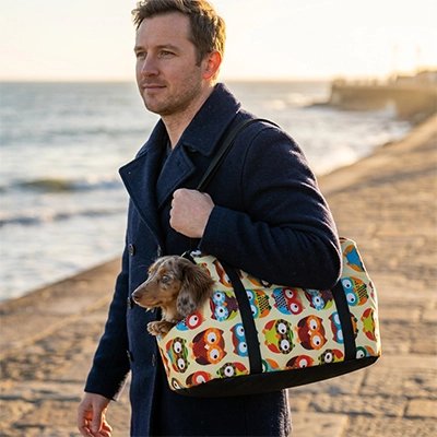 Sac de transport pour Chien homme avec son chiot teckel sur la plage 