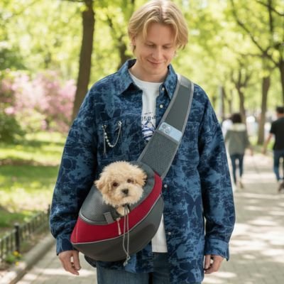 Sac de transport pour Chien homme content de se promener avec son chien dans le sac en bandouillere