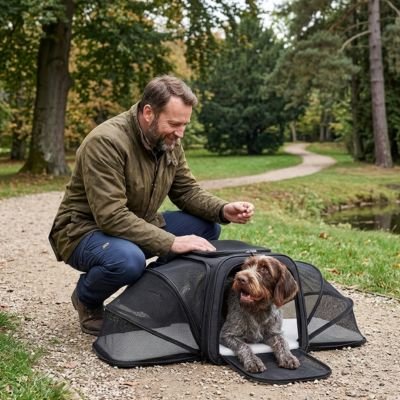 Sac de transport pour Chien homme dans un sentier laissant repose son chien dans le sac de transport