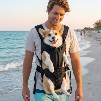 Sac de transport pour Chien homme en balade sur la plage avec son gorky