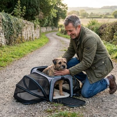 Sac de transport pour Chien homme en campagne avec son chien dans un sac de transport etendue  de sont long