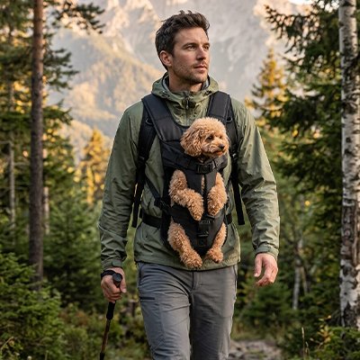 Sac de transport pour Chien homme en promenade avec son caniche au centre ville